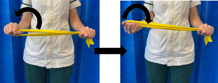 A person demonstrating wrist strengthening exercises with a band.