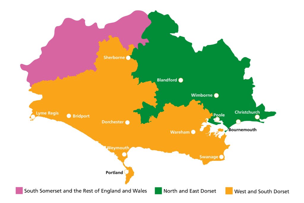 A stylized map of Dorset, England, divided into three color-coded regions: pink for South Somerset and the Rest of England and Wales, green for North and East Dorset, and orange for West and South Dorset. Key towns marked include Sherborne, Bridport, Dorchester, Blandford, Wimborne, Poole, Christchurch, Bournemouth, and Lyme Regis, among others.
