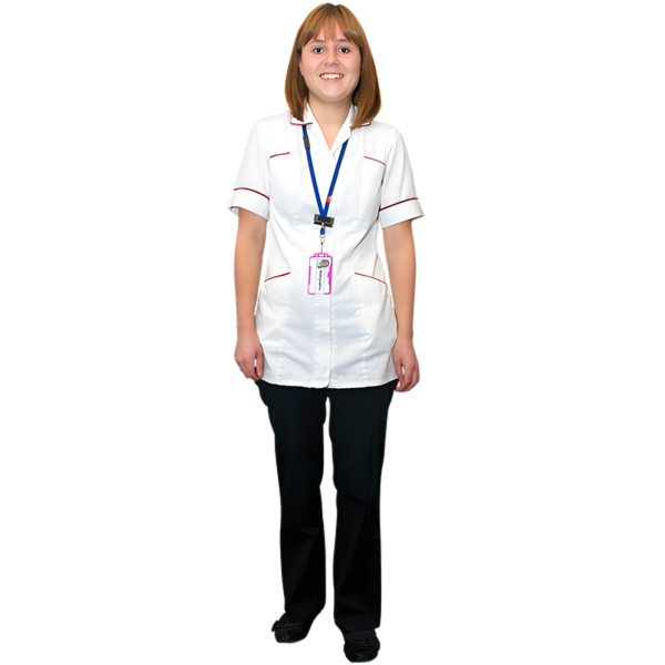 A healthcare professional in a white tunic. There are wearing a lanyard.
