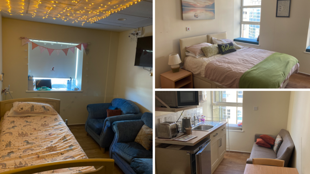 A cozy room is shown in three sections. The left section features a bed with patterned bedding, a blue sofa, a small side table, and a TV mounted on the wall, with string lights on the ceiling and a window decorated with pink bunting. The top right section displays a bed neatly made with green and white bedding, alongside a small bedside table and a window view. The bottom right section highlights a compact kitchenette with a sink, appliances, a sofa, and a window.